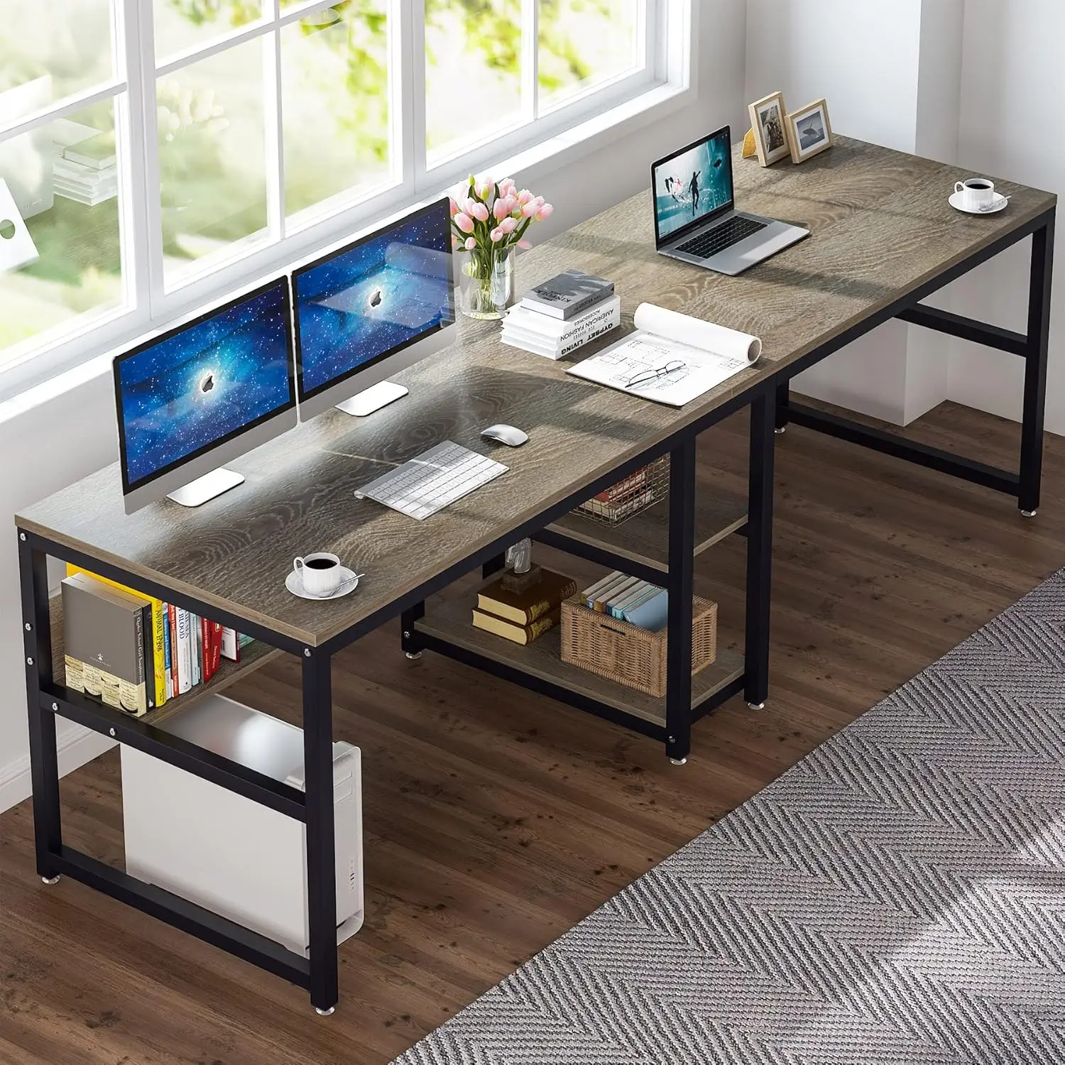 Tribesigns Two Person Desk with Bookshelf, 78.7 Computer Office Double Desk for Two Person, Rustic Writing Desk Workstation with