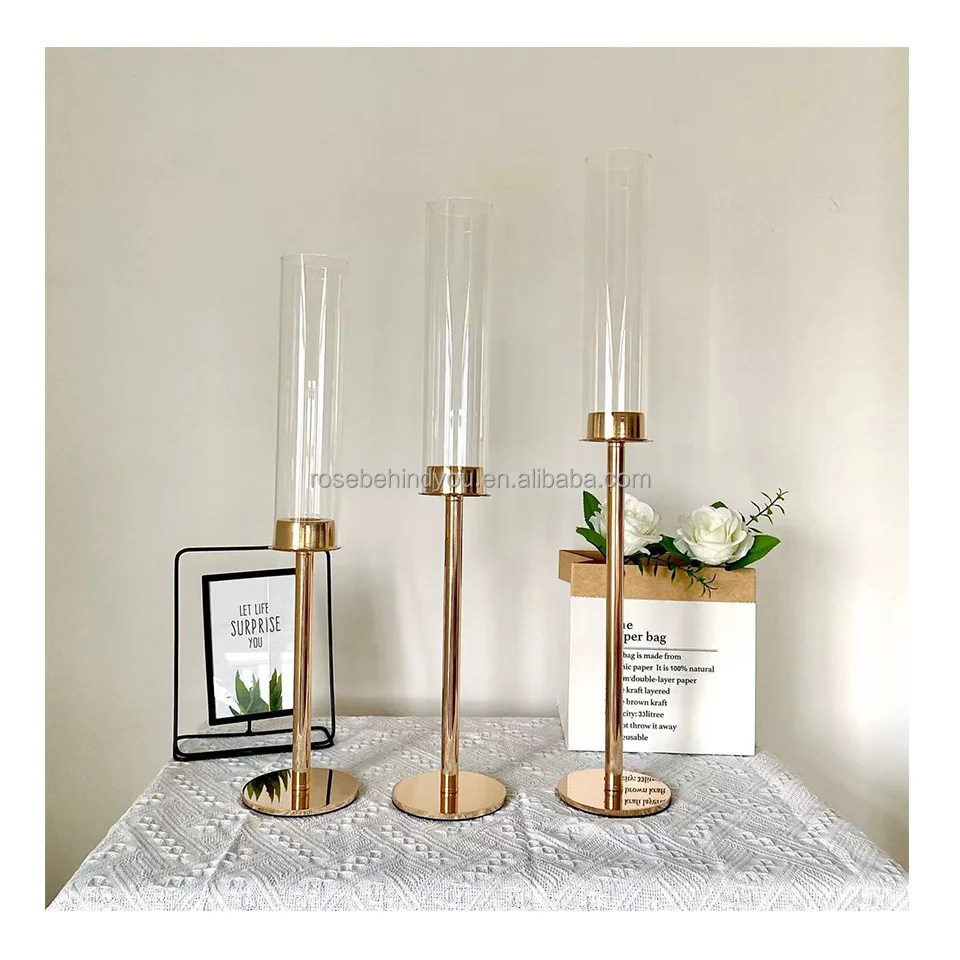 Various Heights Set Gold Candle Stick Holder Metal Taper Votives Tube Candle Holder For Wedding Centerpieces