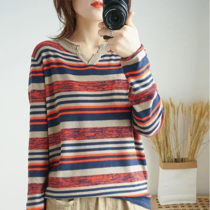

Women Sweater Long Sleeve Bottoming Shirts Stripe Cotton Spring Autumn Women Pullovers V-neck Fashion Korean Knitted Jumpers