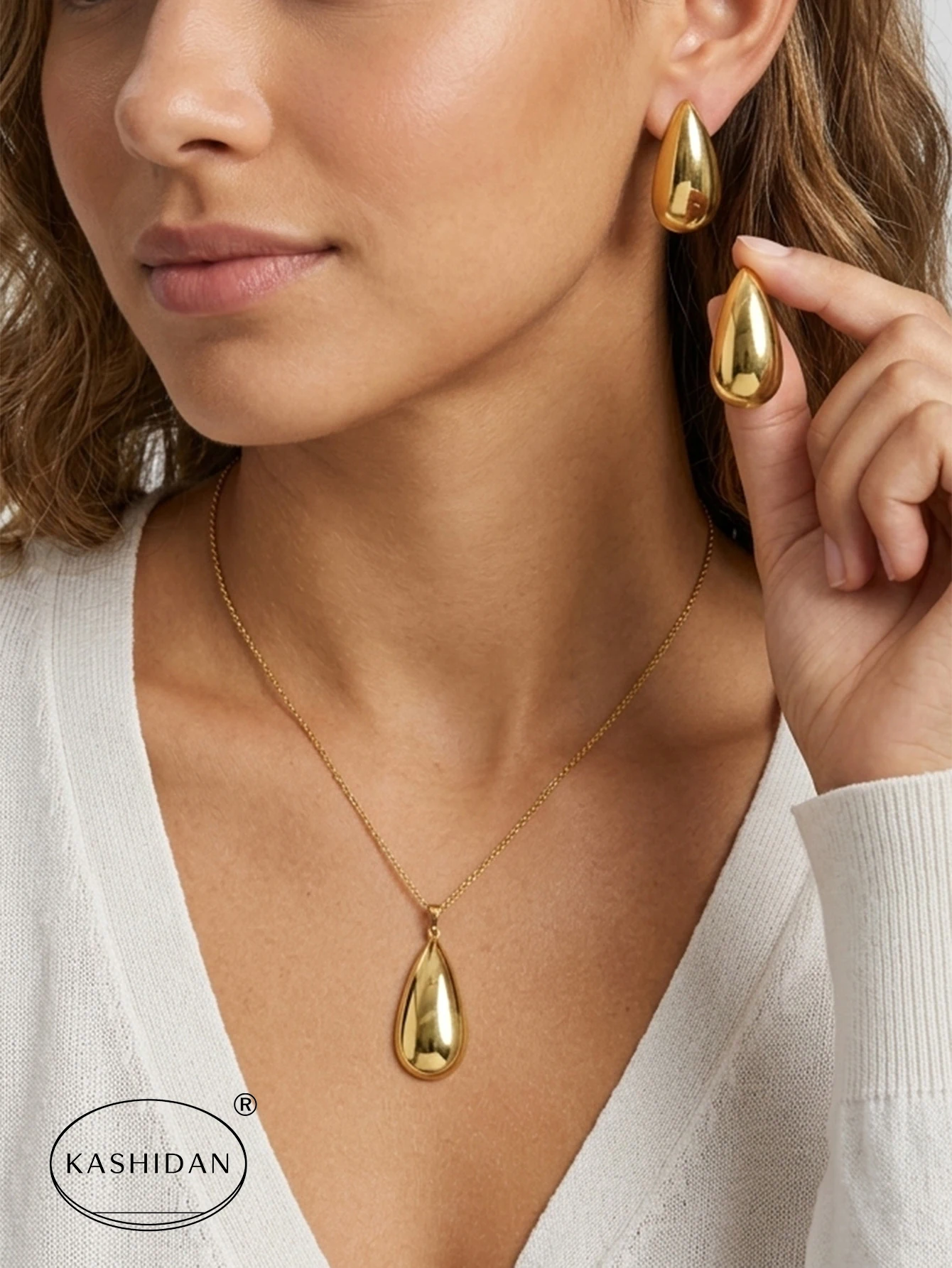 Elegant Gold Color Stainless Steel Jewelry Set Bold Solid Geometric Raindrop Pendant Necklace Earrings