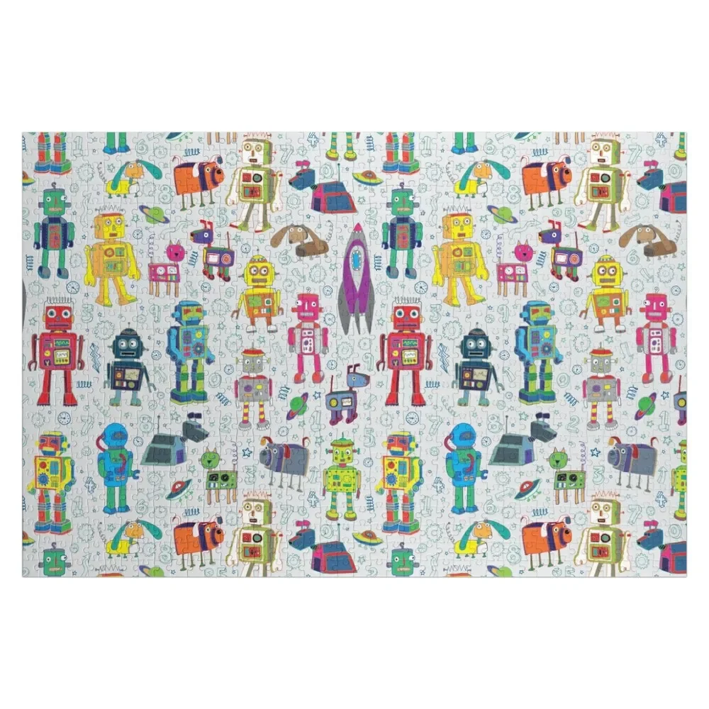 

Robots in Space - grey - fun Robot pattern by Cecca Designs Jigsaw Puzzle Wooden Compositions For Children Personalized Puzzle