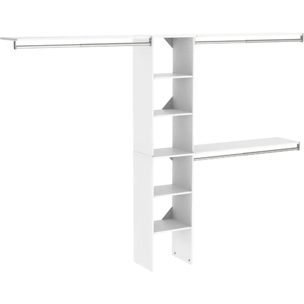 Wood Closet Organizer Kit with Tower, 3 Hang Rods, Top Shelves, Adjustable, Fits Spaces 5 - 9 ft. Wide, Pure White