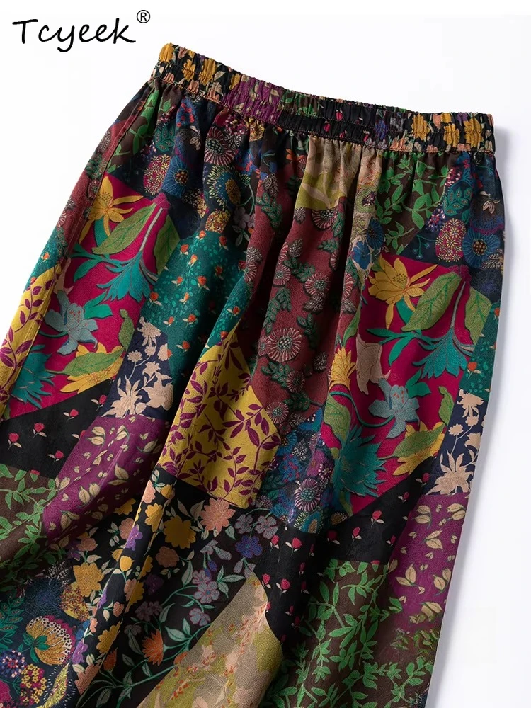 Tcyeek 100% Real Silk Maxi Skirt Women 2026 Spring Summer Elastic Waist Printed Bucket Skirt Woman Clothing Faldones Para Mujer