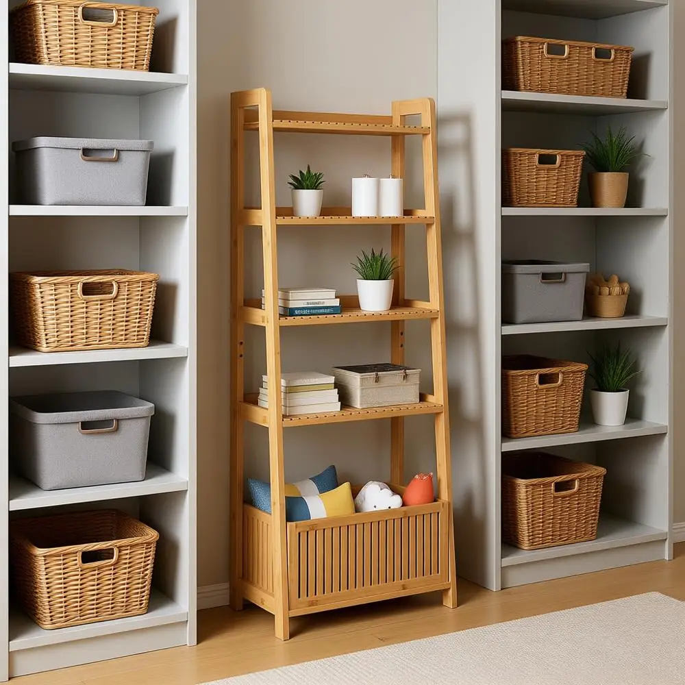 

Стеллаж-лестница с 4 полками для демонстрации и 1 открытой корзиной для хранения, многофункциональный органайзер для дома, офиса, спальни