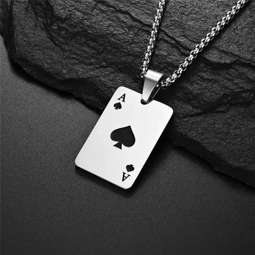 2PCS Hip Hop Statement Poker Card Ace of Spades Necklace Stainless Steel For Women Men Pendant Chain Friendship Gifts Party