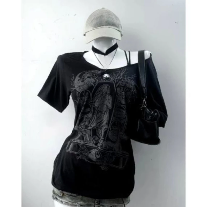 2000s خمر Y2k المحاصيل القمم المرأة قصيرة الأكمام سليم مطبوعة تيز ثقافة فرعية Harajuku الملابس الكورية الشرير القوطية تي شيرت أبلى