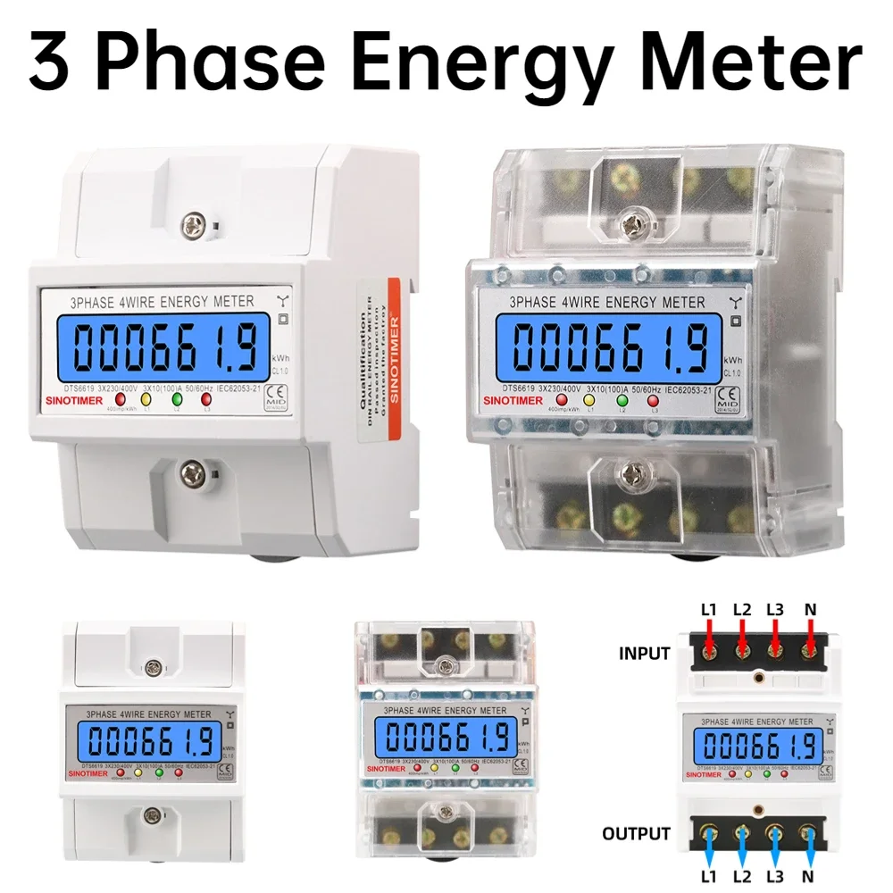 3 Phase 4 Wires Electric Energy Meter Din Rail Electricity Usage Meter 50/60HZ Power Consumption Monitor 100A AC 3*230/400V