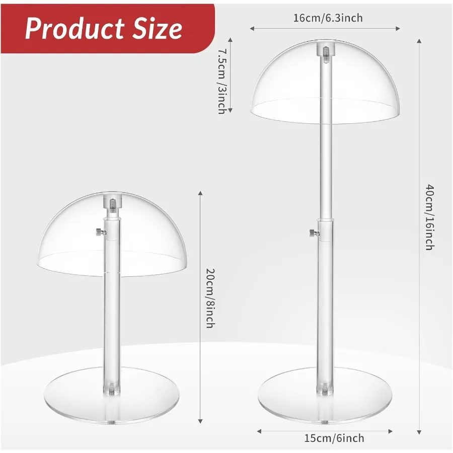 حامل عرض قبعة أكريليك شفاف قابل للتعديل لقبعات البيسبول وقبعات رعاة البقر وحامل كونترتوب مقبب مع تصميم رأس شعر مستعار
