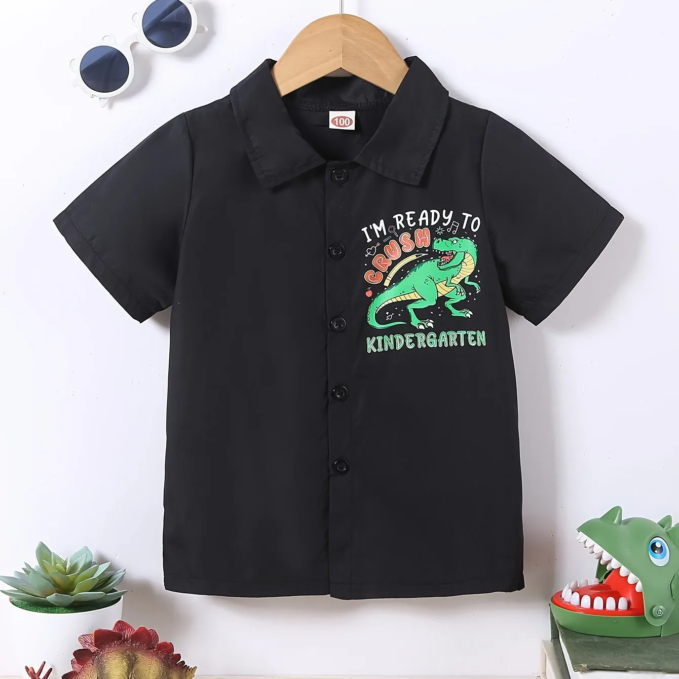 Boys Girls Colorful Dinosaur And Leaves Printe Button Down Shirt Casual Creative Kids Short Sleeve Comfy Summer Vacation Tops