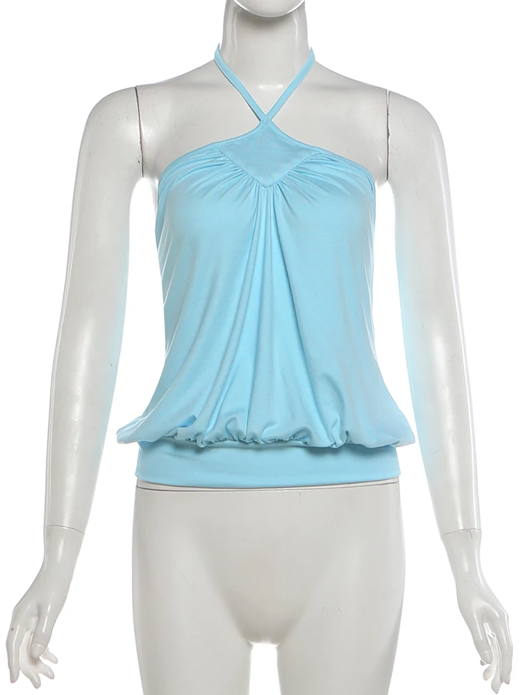 Sisterlinda Modisches Rückenfreies Tanktop für Damen, Sexy Halter-Top mit Bandagen, Gerafftes Patchwork-Design, Einfaches Midnight-Party-Streetwear-Clubtop – Detail 4