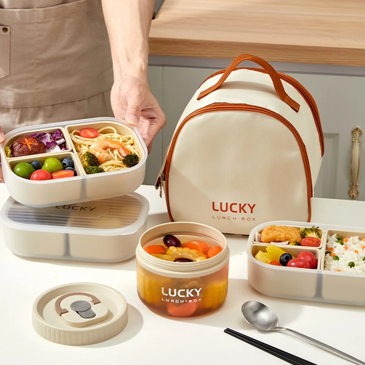 WORTHBUY 3 Grids Microwave Plastic Lunch Box Portable Detachable Fruit Bento Box Stackable Food Container For School Office