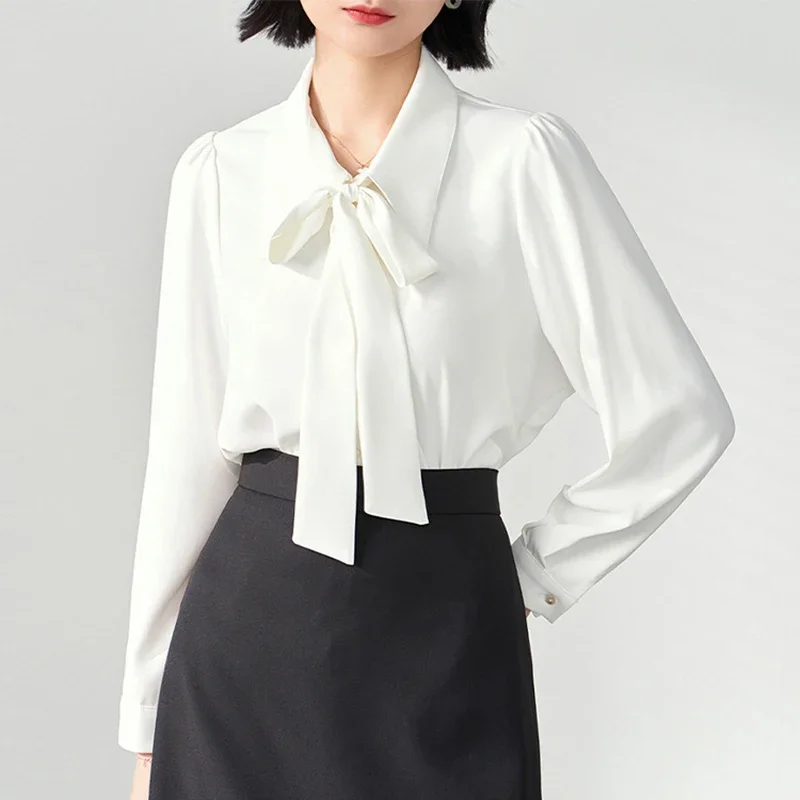 Elegant Chiffon Blouses for Women White Bowknot Long Sleeve Shirt Woman Spring Summer Casual Office Shirt Chic Top