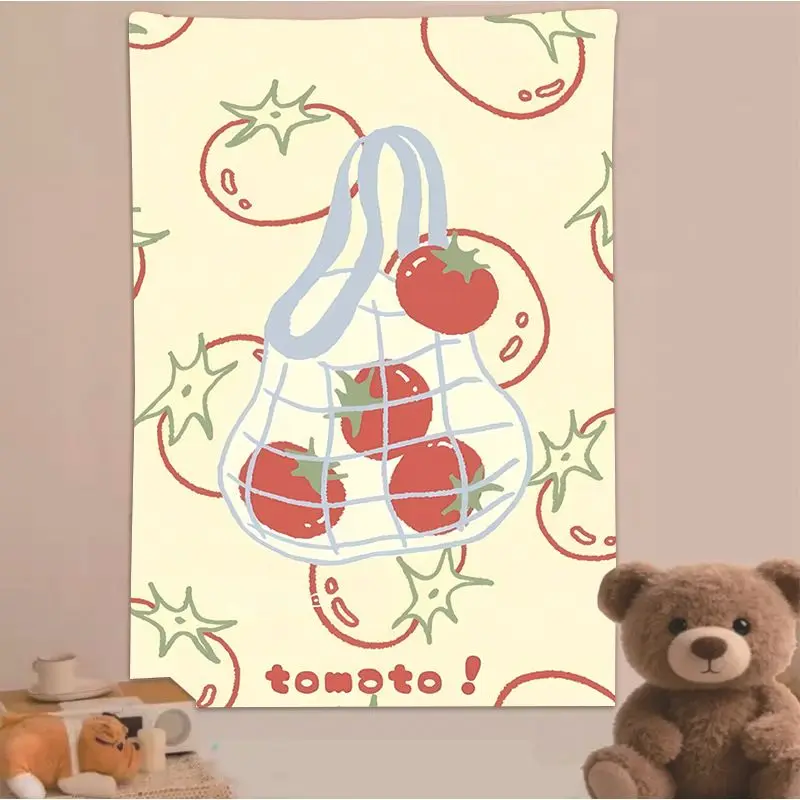 VIKAMA Trendy and Cute Tomato-Print Tapestry, Watercolor Fruit and Vegetable Art Print, Macaron-Style Wall Decor
