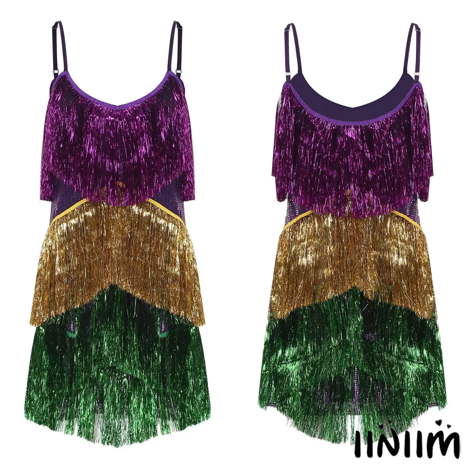 

Womens Pole Samba Salsa Dance Dress Shiny Sequin Fringed Mini Dress Color Blocking Tassel Sleeveless Sling Tank Dress Dancewear