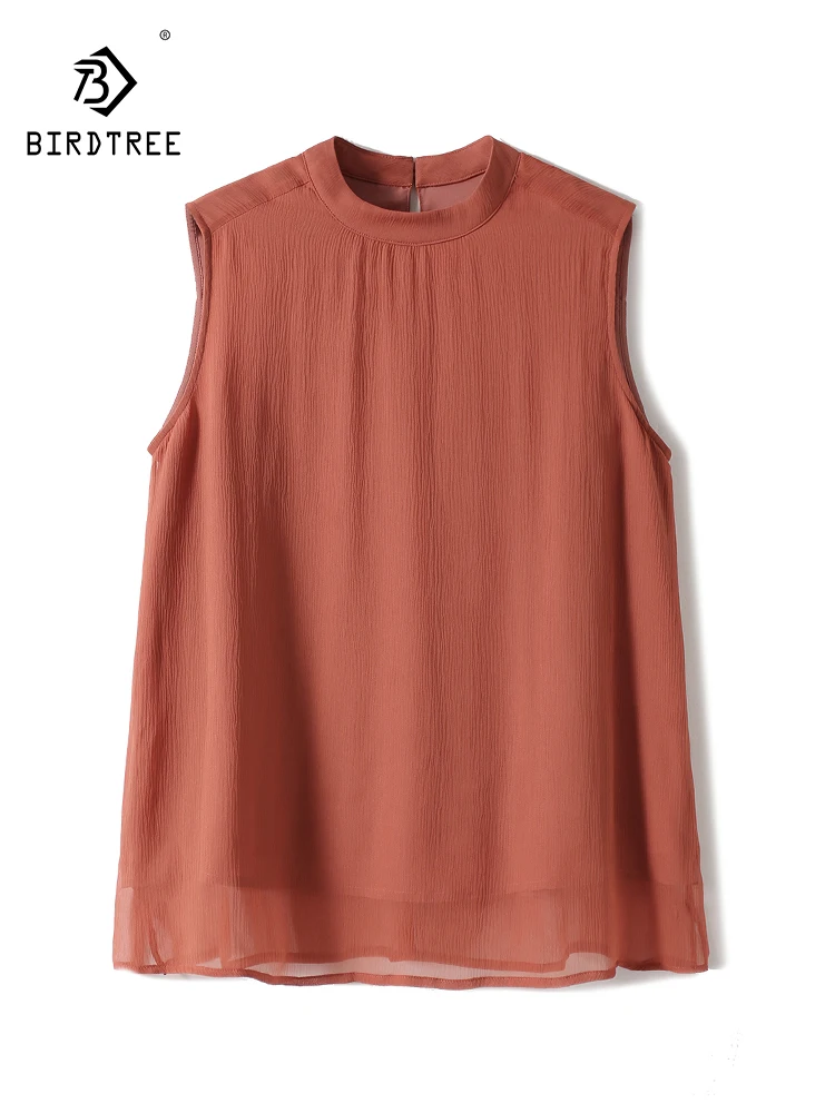 

BirdTree, 100%Mulberry Silk Elegant T-Shirt, Women Sleeveless Solid, Retro Versatile Casual Tops, 2024 Summer Autumn T47322QC