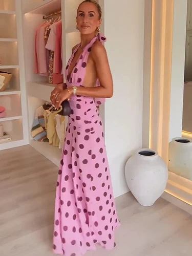 Imagen 2 del producto JULISSA MO estampado de lunares Halter mujeres Maxi vestido rosa Sexy espalda descubierta vestido con cuello en V mujer verano ajustado elegante vestido de noche de fiesta
