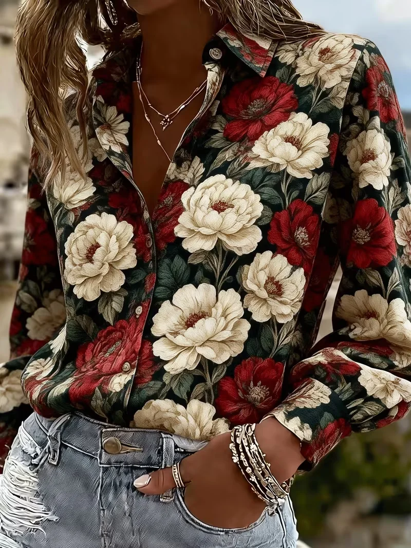 Women's Fashion Casual Loose Floral Print Design Shirt No Texture Printing Process Rose And Peony Floral Print Design