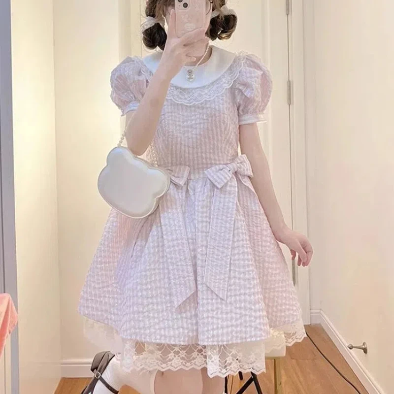 

Peter Pan Collar Young Style Summer New Sweet Age Reduction Fashion Lace Short Sleeve Midi A-Line Slim Bow Lolita Princess Dress