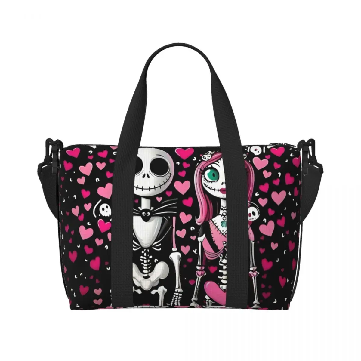 

Custom Nightmare Before Christmas Tote Bag Women Big Capacity Jack and Sally Beach Gym Travel Bags