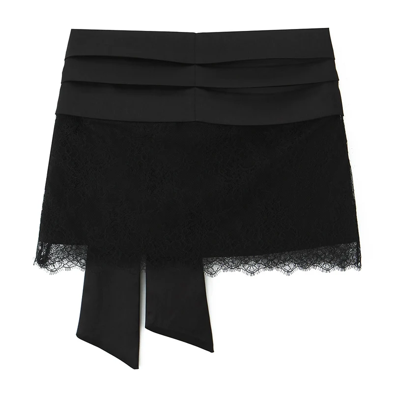 กระโปรงสีดำสำหรับผู้หญิง แต่งระบายชายลูกไม้ กระโปรงสั้นเซ็กซี่ผ้าซาติน สไตล์วายทูเค ฤดูใบไม้ผลิ 2026 ชุดเดรสออกงานสำหรับผู้หญิง พร้อมโบว์ใหญ่