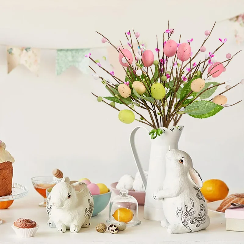 1/5pcs 부활절 달걀 나뭇 가지 다채로운 그림 거품 계란 인공 꽃 2025 봄 부활절 홈 꽃병 장식 가짜 식물