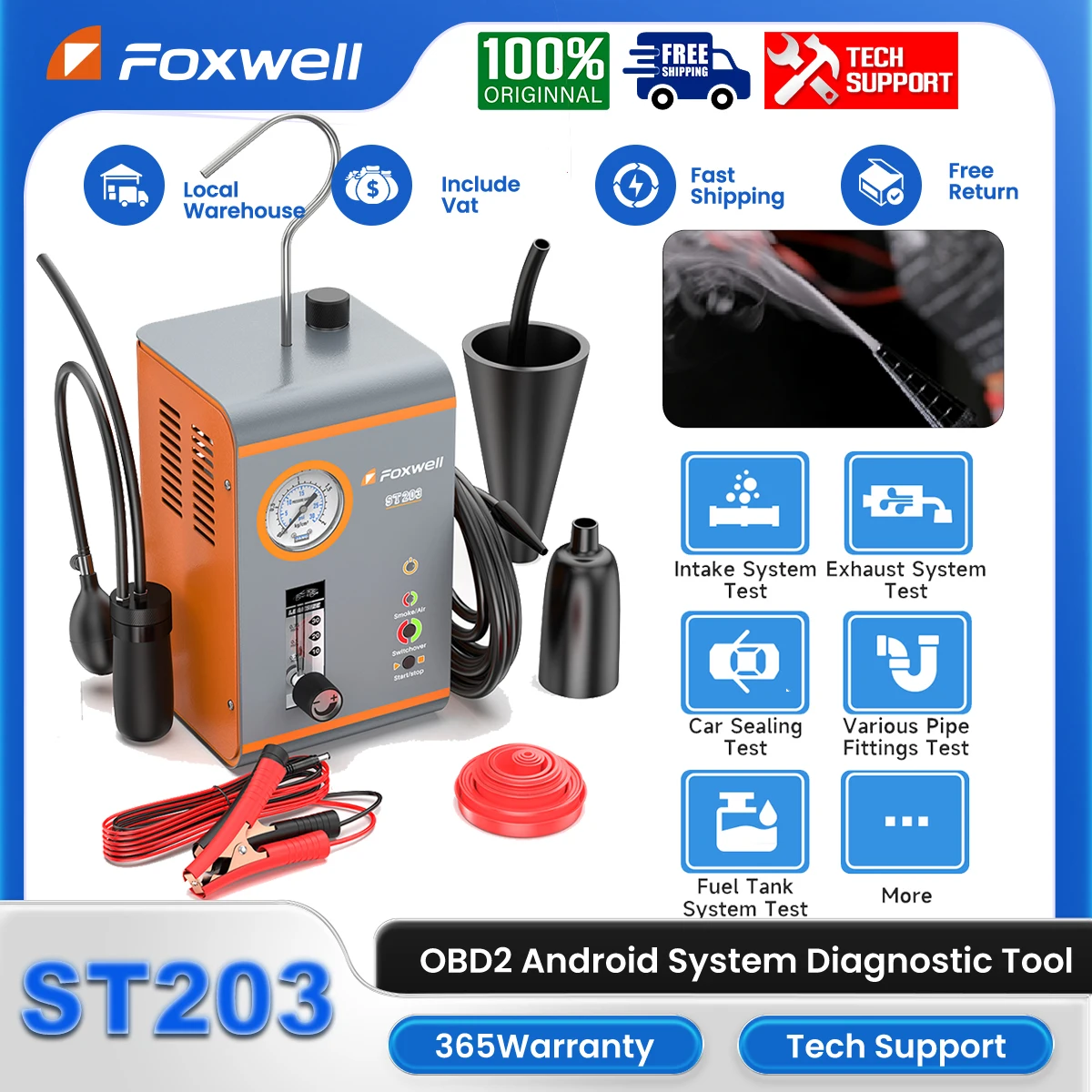 FOXWELL ST203 Car EVAP Smoke Machine Diagnostic Tool Built-in Air Pump EVAP Vacuum Leak Detector Dual System Pipe Leakage Tester