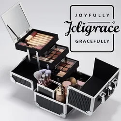 Joligrace-maleta de maquillaje profesional, maletín portátil de gran capacidad con soporte para brochas cosméticas, espejo bloqueable