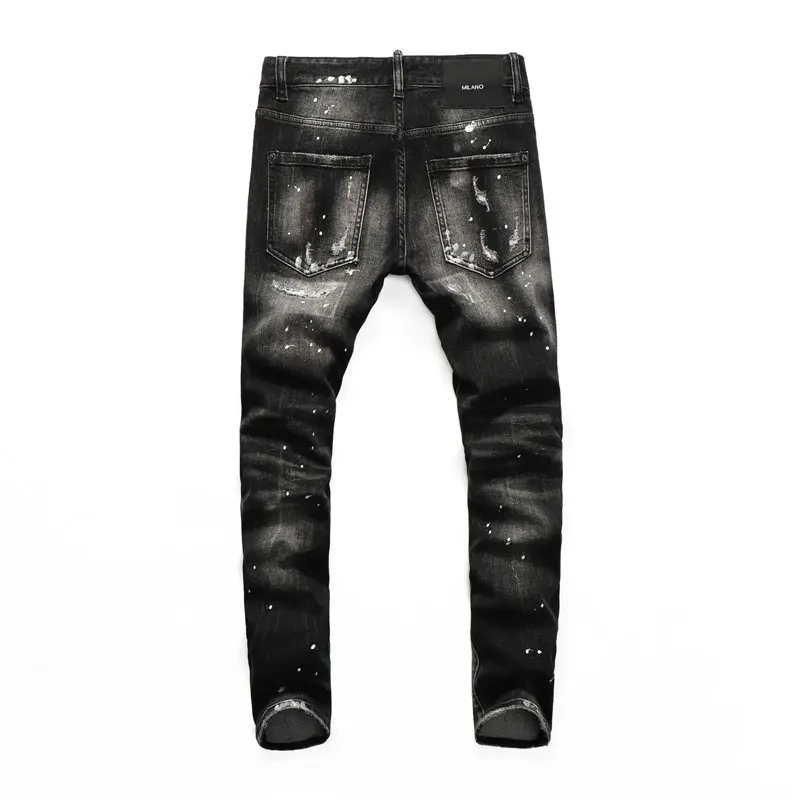 High Street Fashion Men's Black Grey Jeans Retro Elastic Slimming Ripple Jeans Men's Painted Designer Pants Hombre