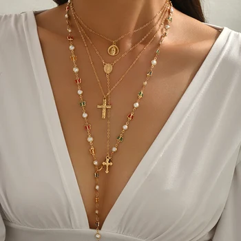 Layered Rosary Cross Necklace Vintage Gold Silver Mary Pendant Pearl Beaded Y Lariat…
