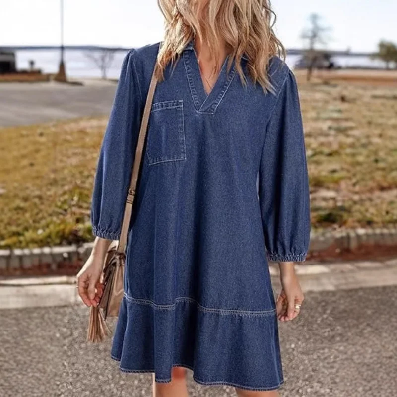 

New Women'S Casual Babydoll Seven-Point Puff Sleeve Dress