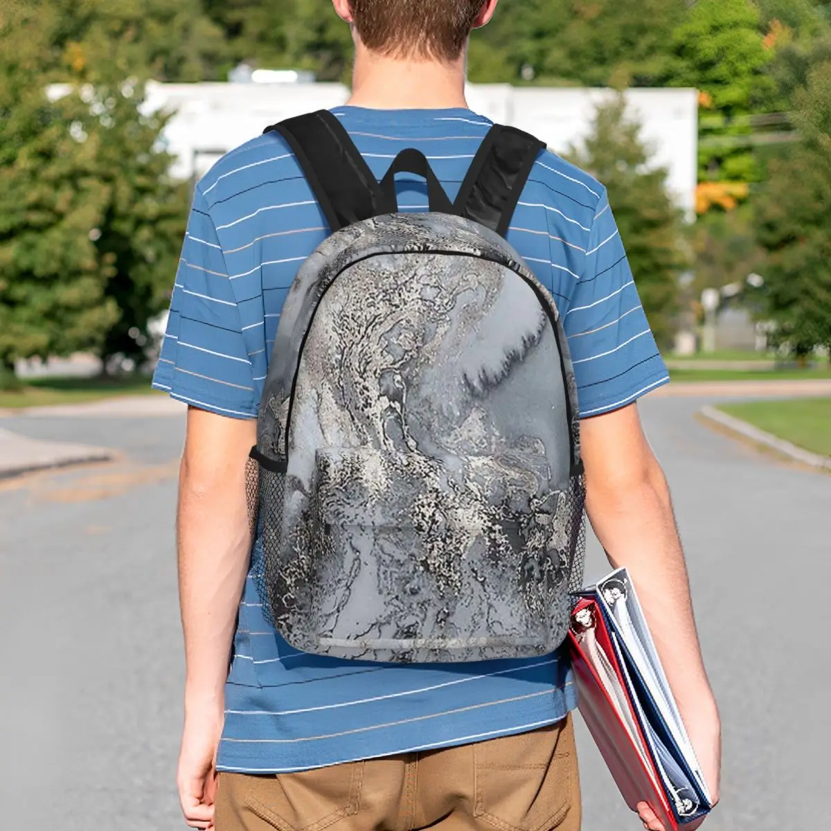 Grey And Silver Marbl Backpack Student BookBag Men Women School Bag Laptop Shoulder Bags