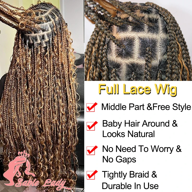 Synthetic 36 Inch Box Braid Wig Knotless Ombre Blonde  Bohemian Goddess Braided Wig Full Lace Crochet Cornrow Plaits Braids Wig