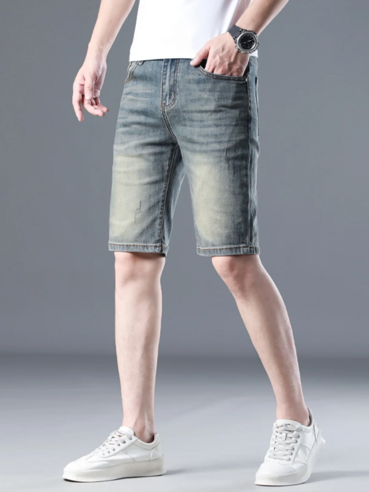 

High-End Retro Blue Jeans orts Men's Summer Thin Straight Leg Five-Quarter Casual Mid-Waist Cotton Stretch Denim orts