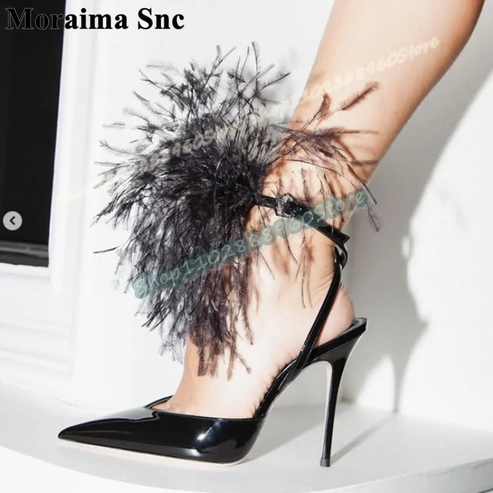 

Black Glossy Leather Feather Pointy Sandals Thin High Heel Shoes For Women Ankle Buckle Strap Pointed Toe Gorgeous Banquet Shoes