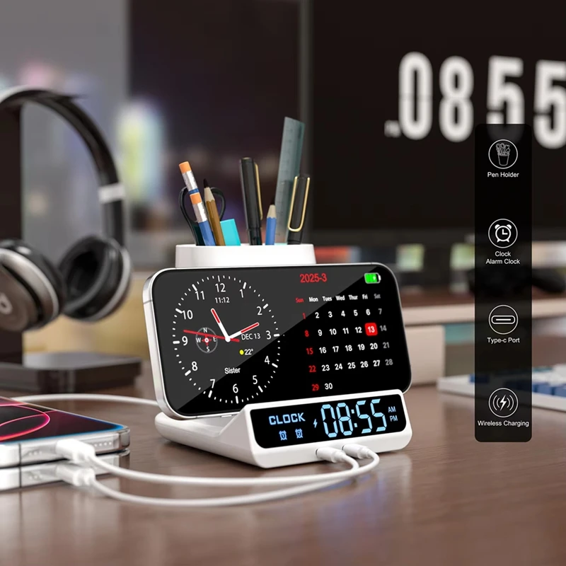 スーパーセール-ペンホルダー収納ボックス-電子led目覚まし時計-明るさ調整機能付き-15wワイヤレス充電器-テーブルクロック-ホワイト