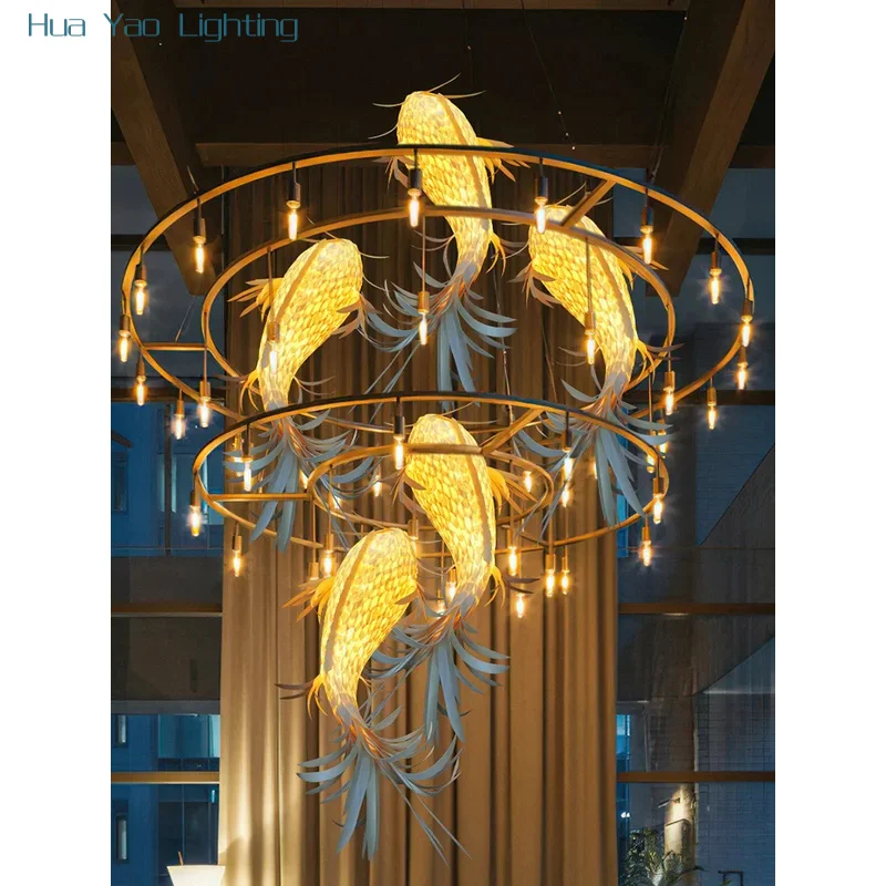 Wabi-sabi Wooden Pendant Lamp Fish Shaped LED Atmosphere Luxury Decoration Home Chandelier Staircase Duplex Villa Store Homestay
