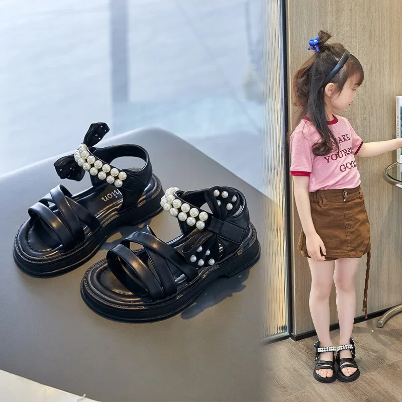 

Girls Flat Heels Sandals Baby Princess Summer Shoes Beading Bow Gladiator Non-Slip Soft Bottom Kids Beach Footwear for 23-36size