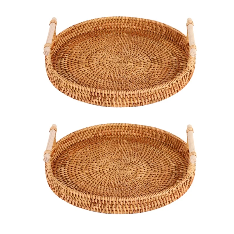 

2X Rattan Storage Tray, Round Basket With Handle, Hand-Woven, Rattan Tray Wicker Basket L