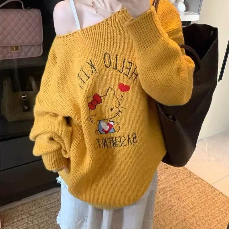 لطيف الحلو مرحبا كيتي سترة المرأة خارج الكتف طويلة الأكمام سترة الربيع والخريف لينة الراحة البلوز القمم تريكو #3