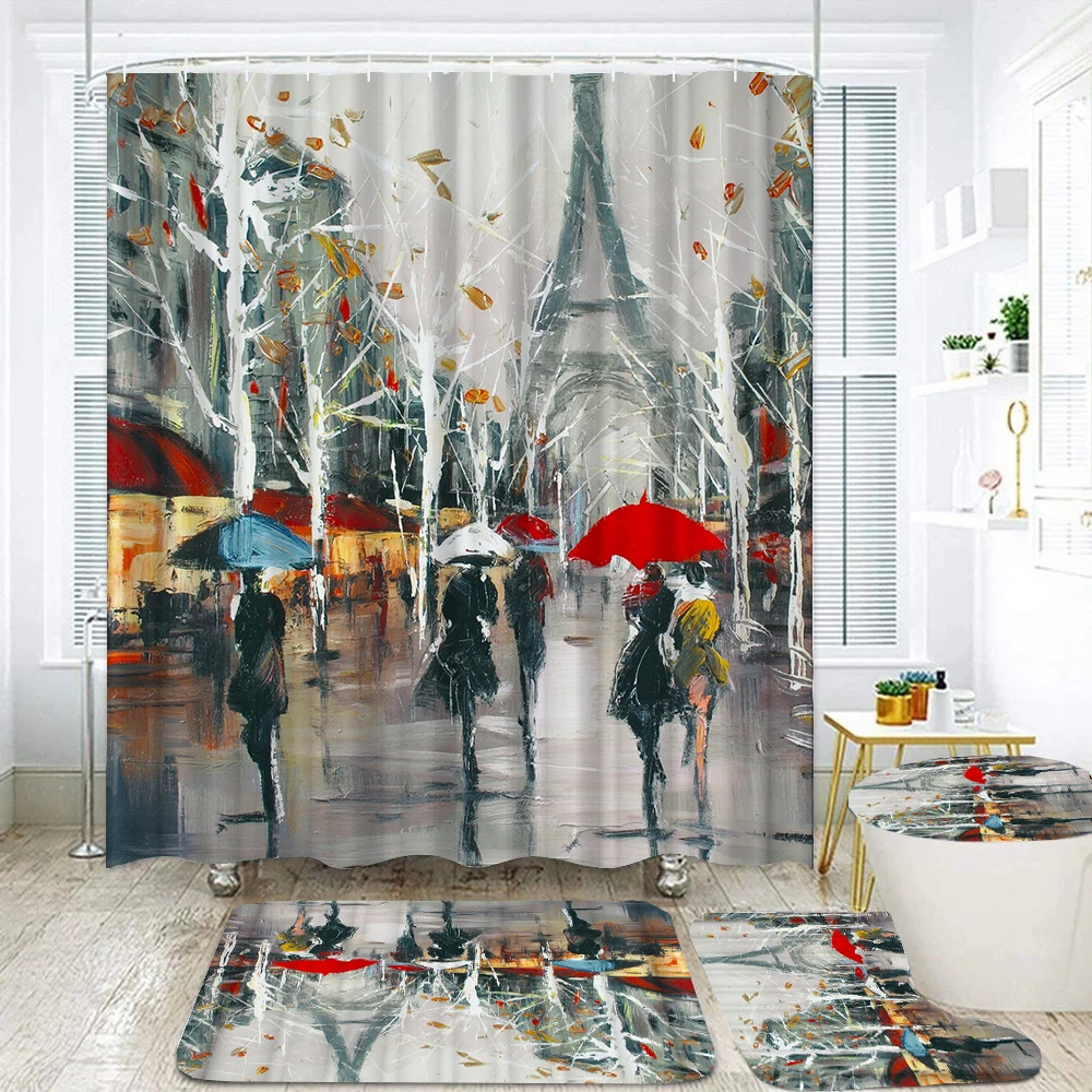 Paris Tower Shower Curtain Set Durable Non-slip Carpet Bath Mats Toilet Cover Printed Fabric Scenery Bathroom Curtains Decorate