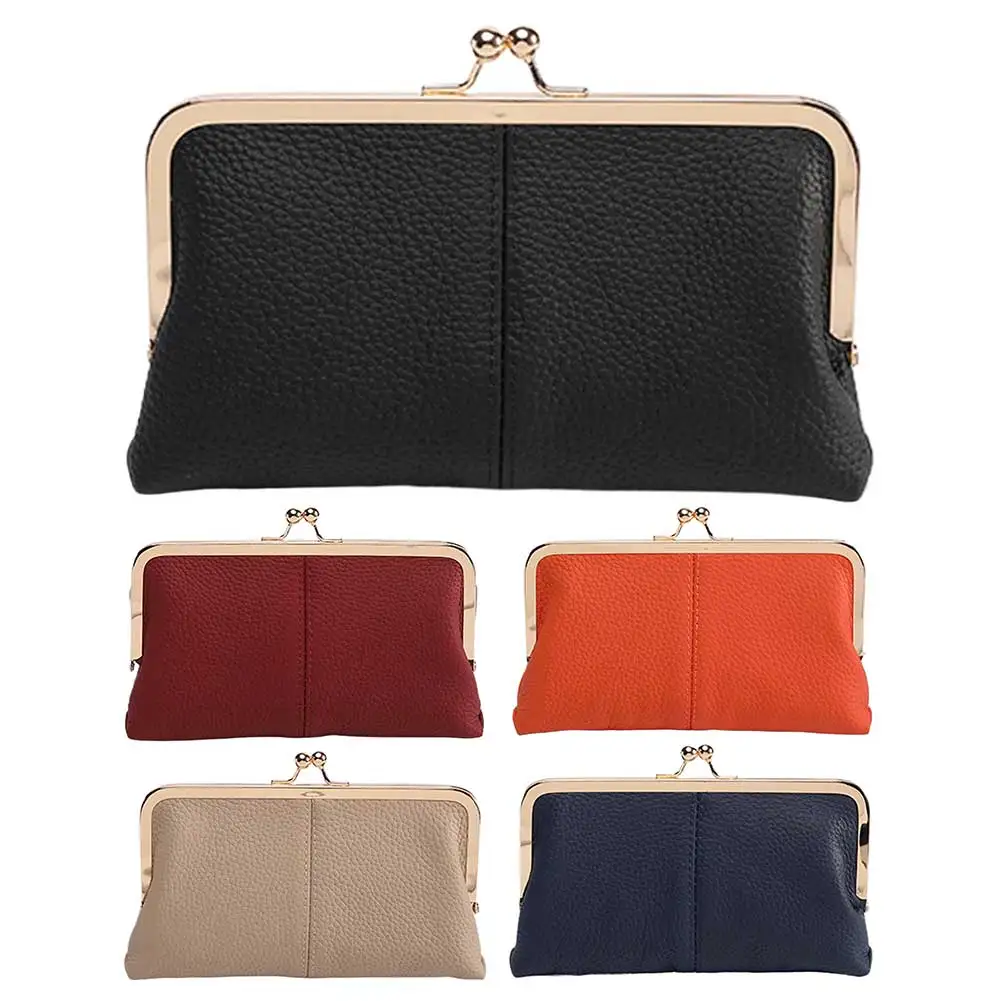 

Genuine Leather Women Clutch Purse Large Capacity Vintage Kiss Lock Wallet Double Clip Travel Wallet Key Card Storage Bag