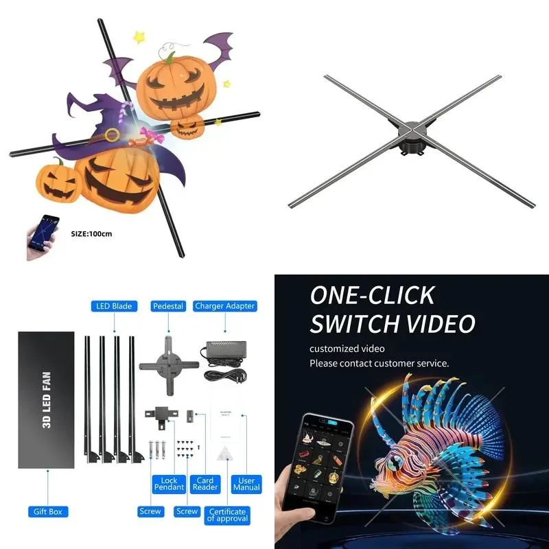 100cm 3D Holographic Projector Fan LED High Resolution Wi-Fi App Control Portable Advertising Display