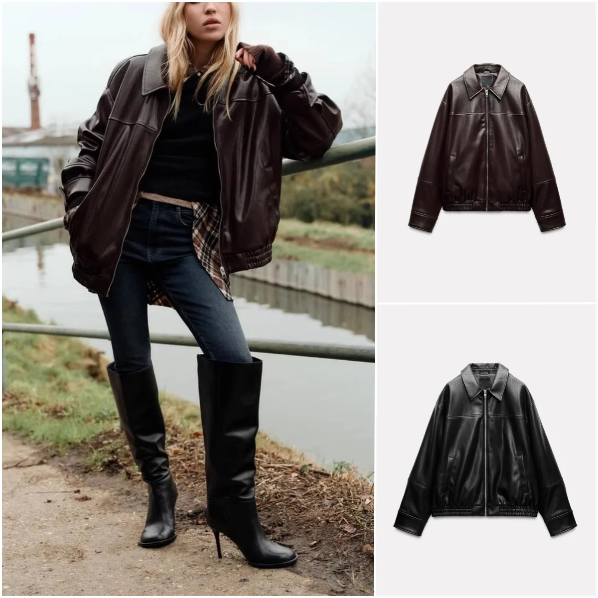 خريف شتاء جديد المرأة طويلة Sve بولي Leather الجلود الطيار Jaet معطف الوجه طوق ملابس خارجية تخفيف Sle فضفاضة تناسب البوليستر