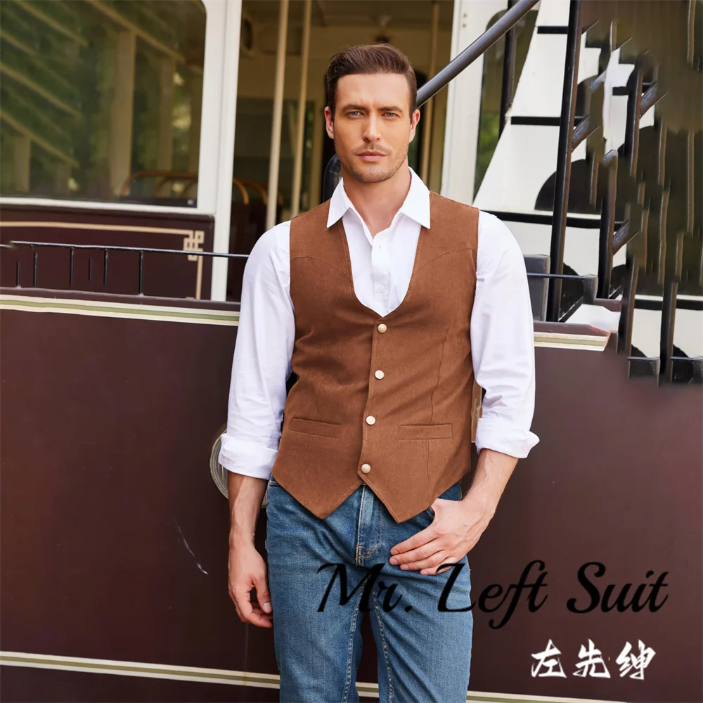 Men\'s Suede Leather Vest Casual Western Steampunk Vest Jacket Slim Fit Waistcoat  For Wedding Party Banquet Work Men Suit Vest