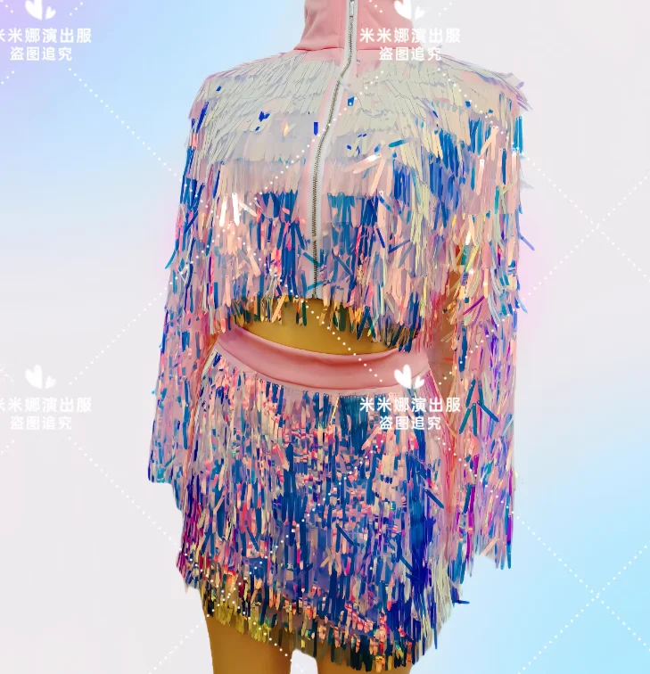 

Holographic Tassel Dance Suit Woman Pink Stage Performance Nightclub