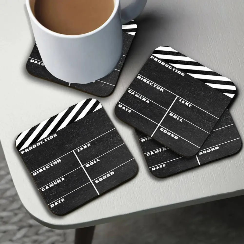 4Pcs Tea Glass Coasters Waterproof Movie Cinema Lapper Board Wooden Coasters Set Durable Classic Design Drink Placemats