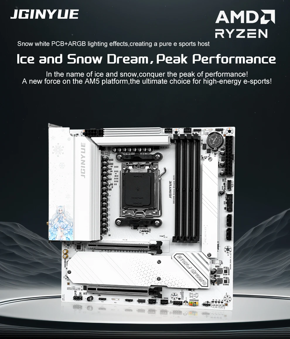 JGINYUE B850M Snow Dream WIFI  – Am5 Micro Atx Pcie 5.0 Motherboard recenzja i cena