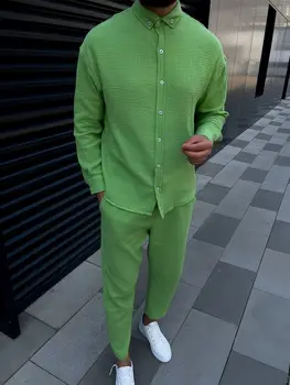 2024 herbst luxus männer faltige blase freizeit set langarm mode high street dünne hosen außenhandel zwei-stück set