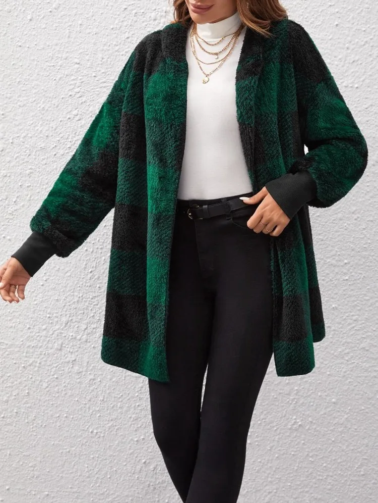 Elegant Plaid Flannel Jacket Coat Women Autumn Winter Fashion Long Sleeve Cardigan Coats Casual Loose Jackets Ladies