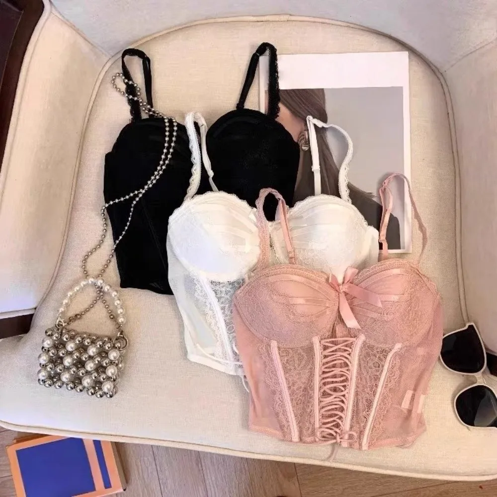 Doce plissado renda flor camisola bowknot tiras renda espartilho espinha de peixe sem mangas suspender colete picante meninas